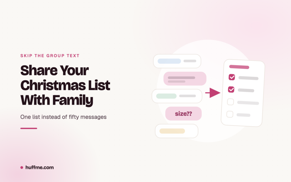 Messy group-chat bubbles turning into one tidy gift checklist
