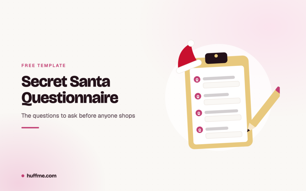 Clipboard of Secret Santa questions with a Santa hat and pencil