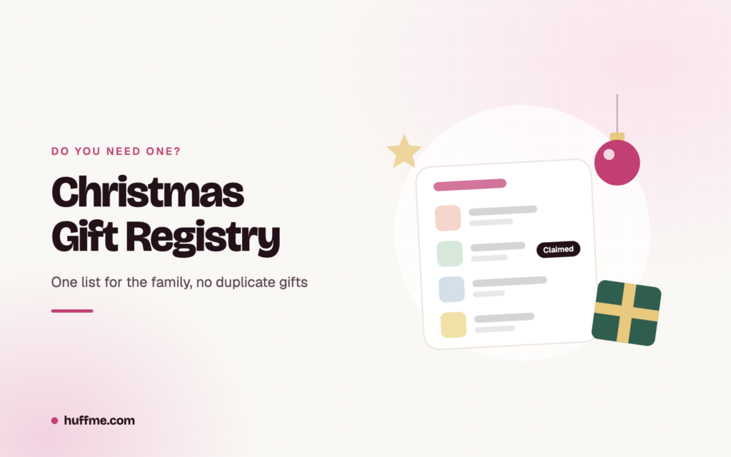 Shared Christmas gift list with one item marked claimed, beside an ornament and a wrapped gift