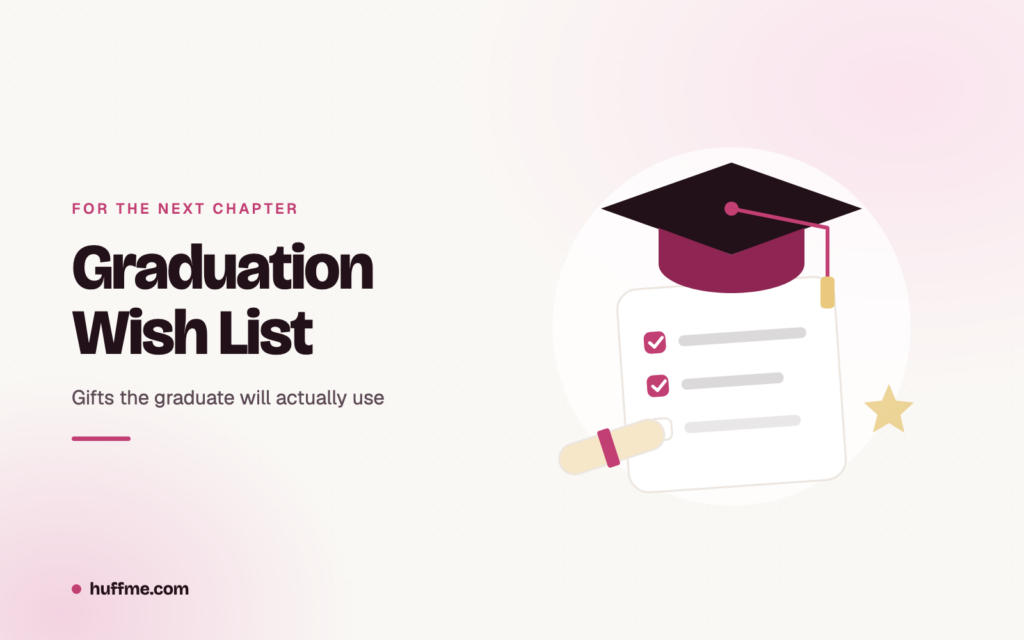 Graduation cap resting on a gift checklist, with a rolled diploma