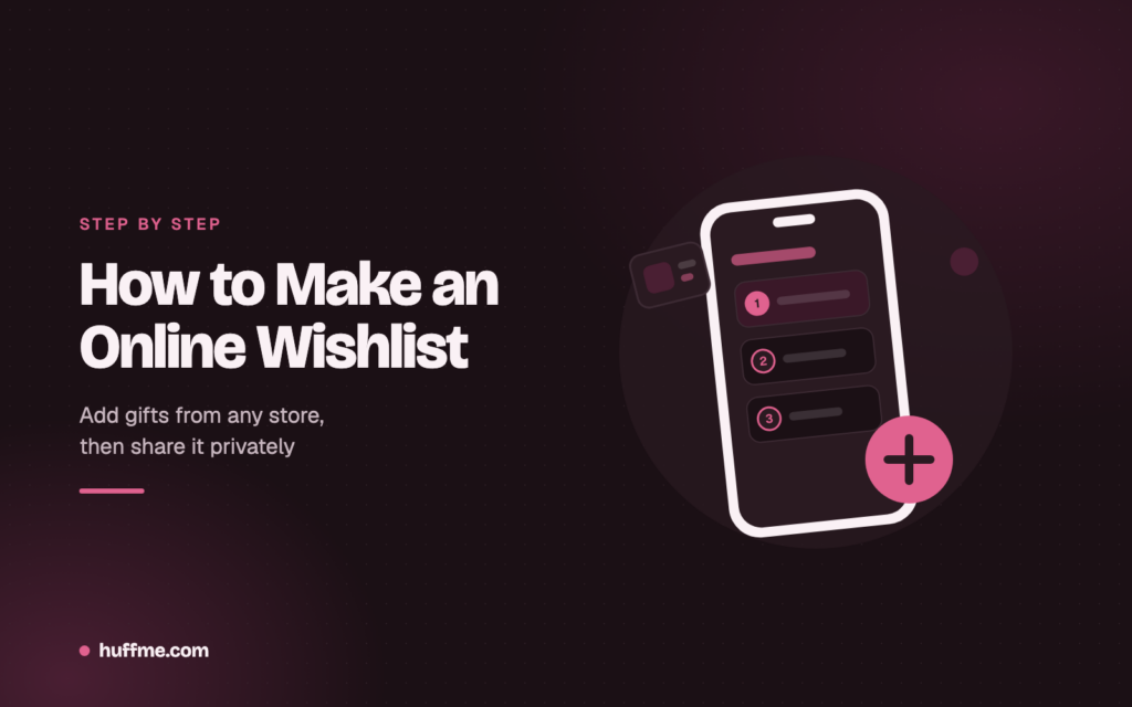 How to make an online wishlist: a phone showing three numbered steps and an add button